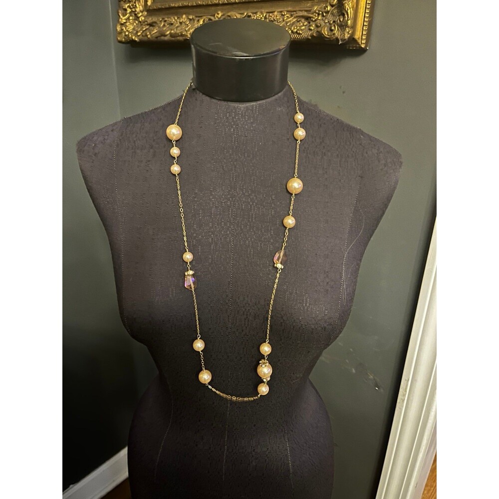 J. Crew 33” Pearl Chain & Gem wrap Layer Necklace Goldtone